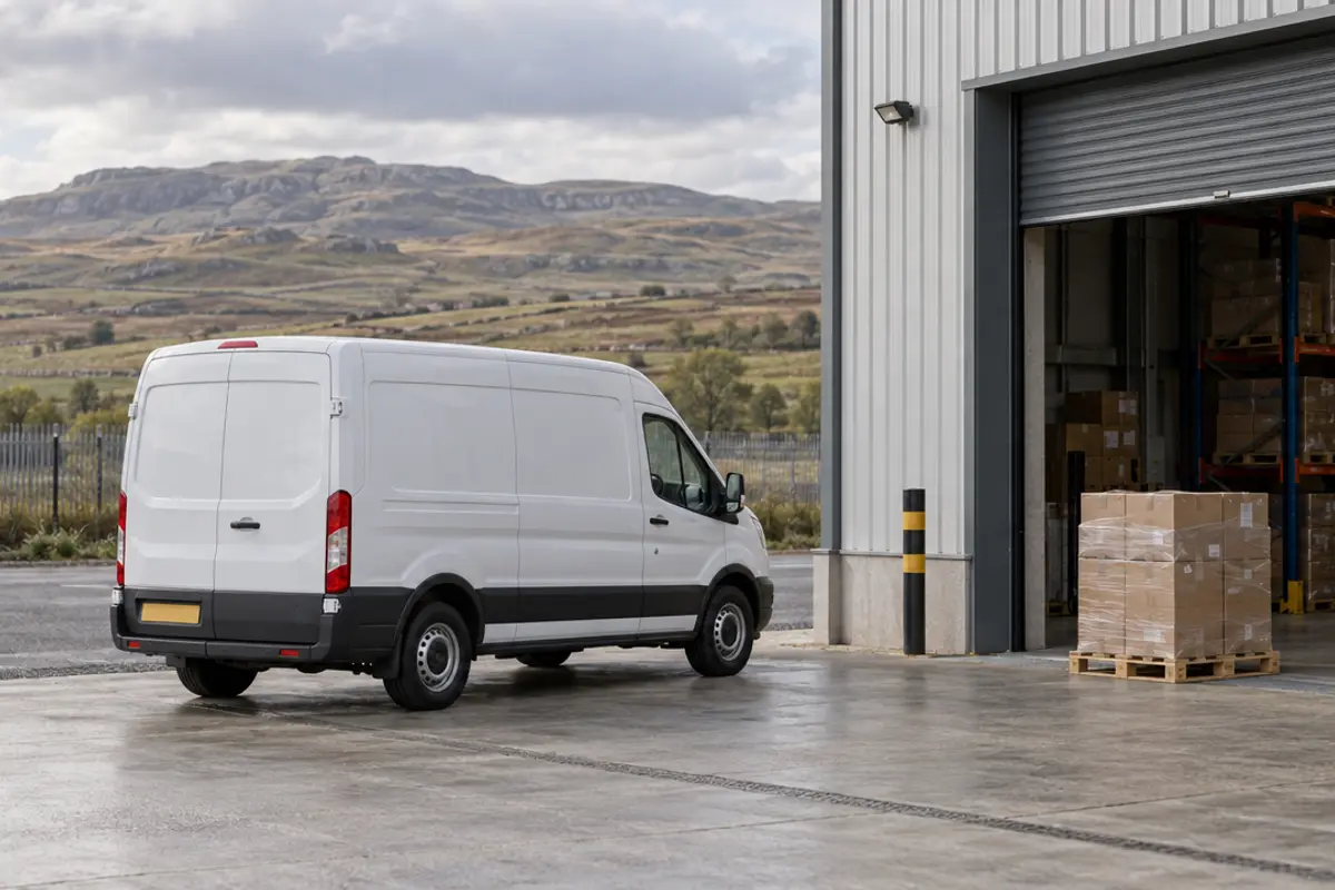 An unbranded white van outside a distribution unit, with a pallet on the loading apron and open moorland hills behind.