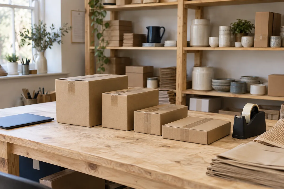 Customer orders packed into cartons on a small-business workbench.