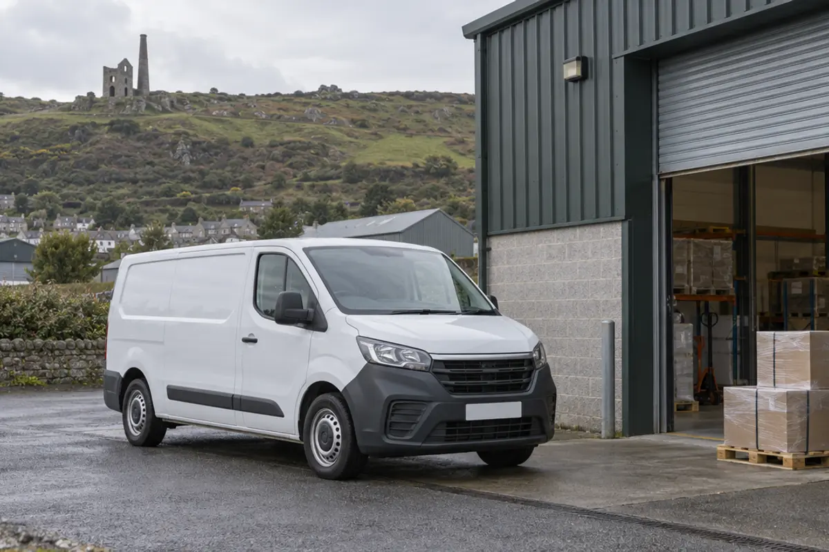 An unbranded white van outside an industrial unit, with a ruined Cornish mine engine house on the hill behind.