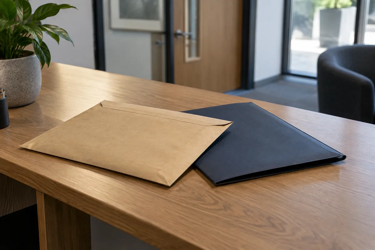 A sealed kraft envelope and a navy document folder on a reception counter.