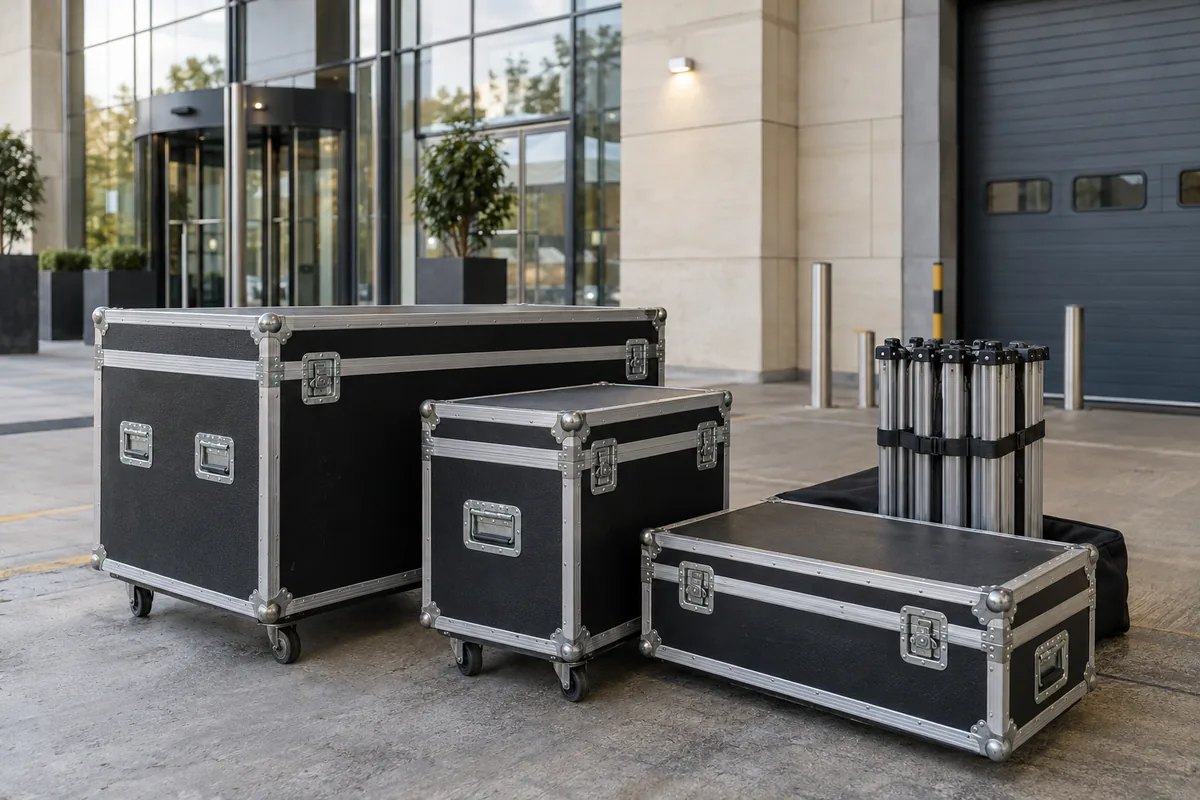 Protective flight cases and a folded exhibition stand outside a venue.