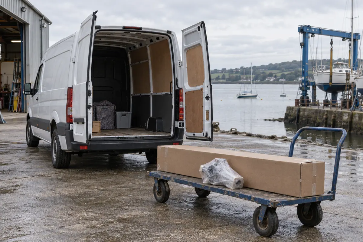 An unbranded white van with its rear doors open at a waterside boatyard, with a long boxed part on a trolley.
