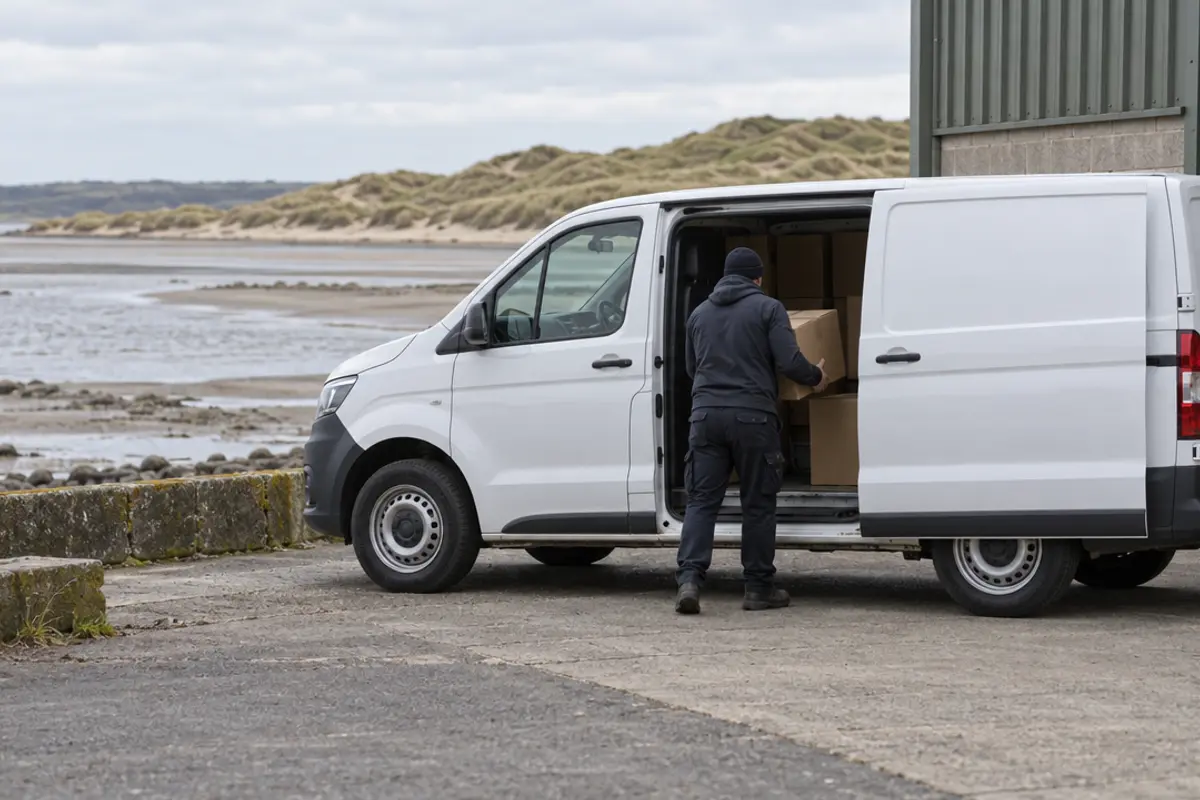 A courier loading a carton into the side door of an unbranded white van beside an estuary with sand dunes.