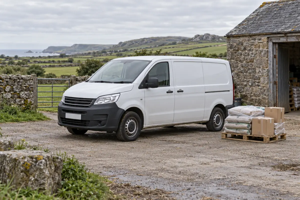 An unbranded white van parked in a rural yard beside a granite barn, with sacks and cartons on a pallet.