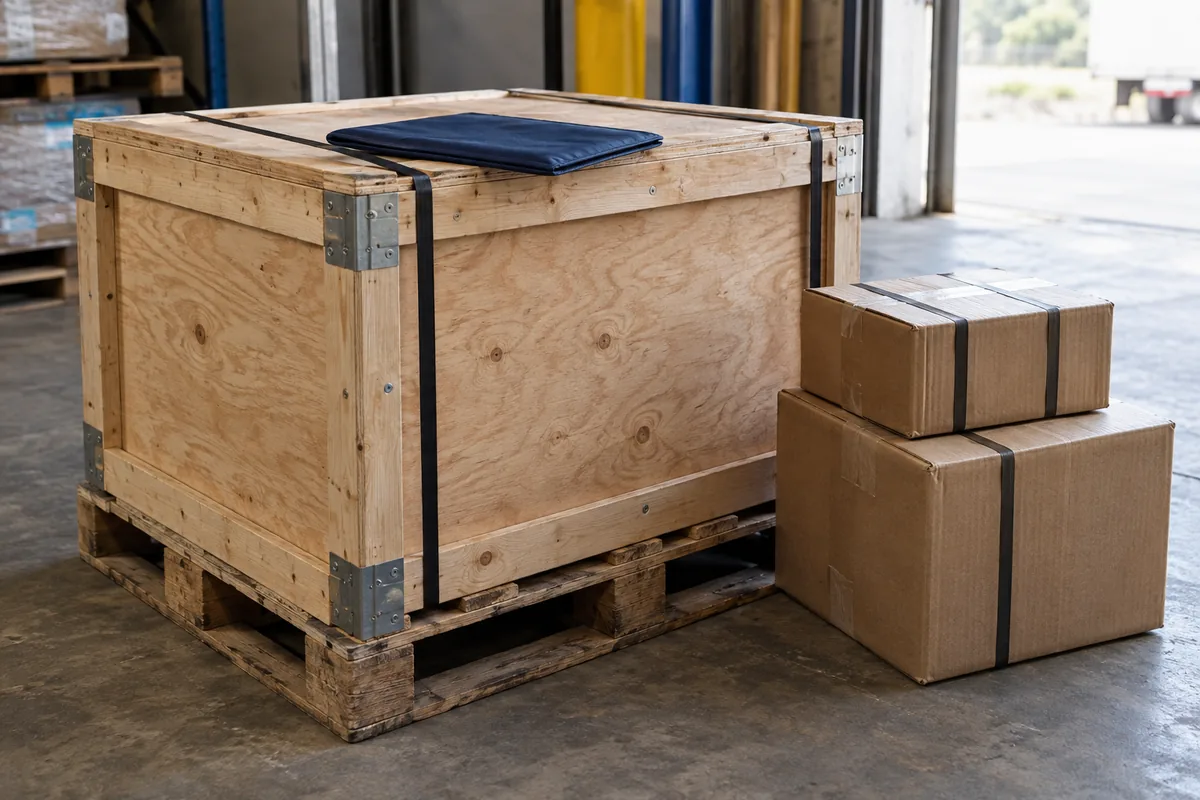 An export crate and sealed cartons prepared with a document folder.