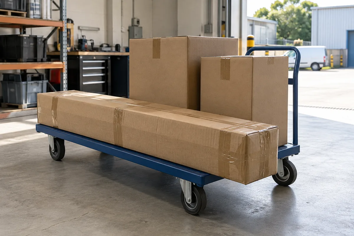 Long and large sealed cartons on a delivery trolley in a dispatch area.