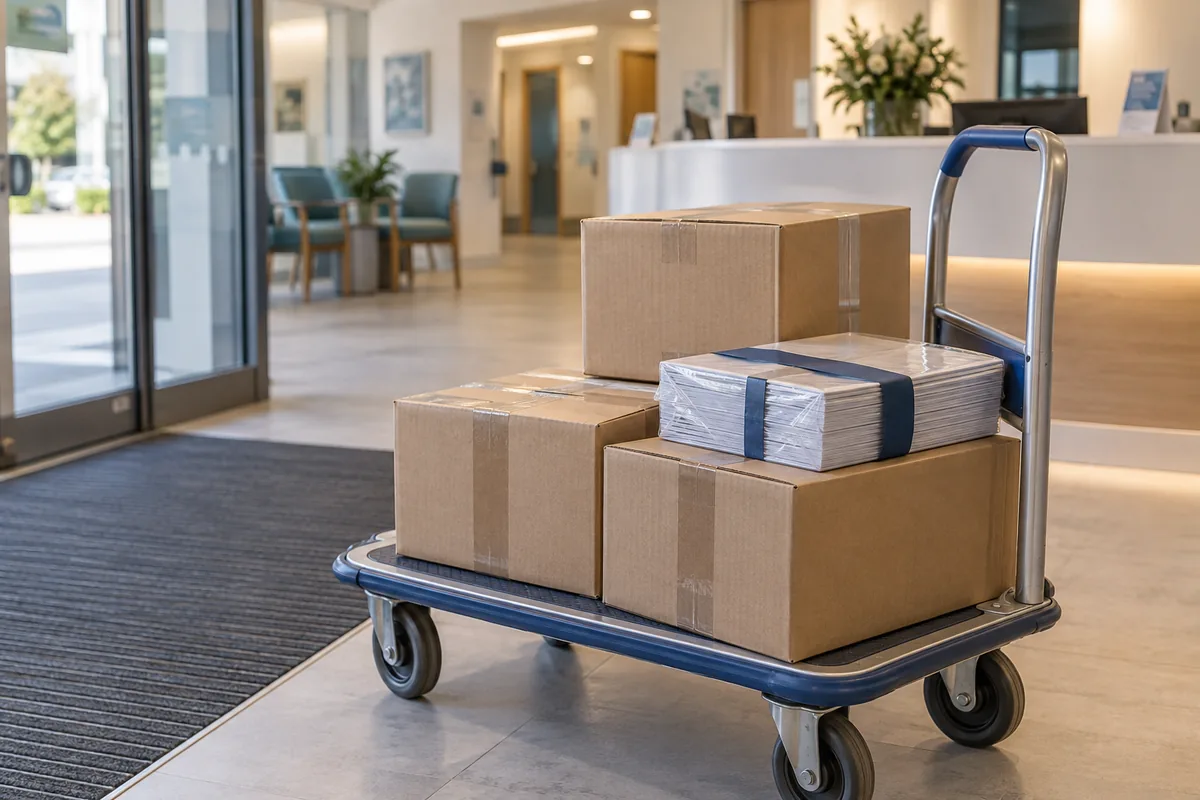 Sealed cartons of general supplies on a trolley in a healthcare reception area.