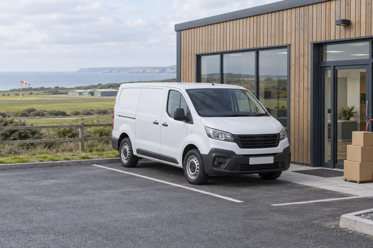 An unbranded white van outside a timber-clad business unit on a coastal business park, with cartons on a sack truck.