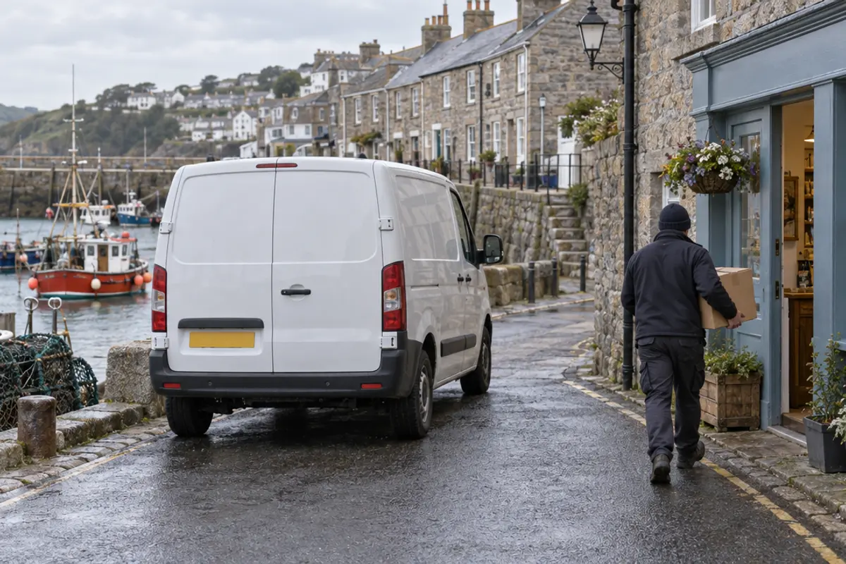 A courier carrying a carton to a shop door on a harbourside street, with an unbranded white van and fishing boats behind.