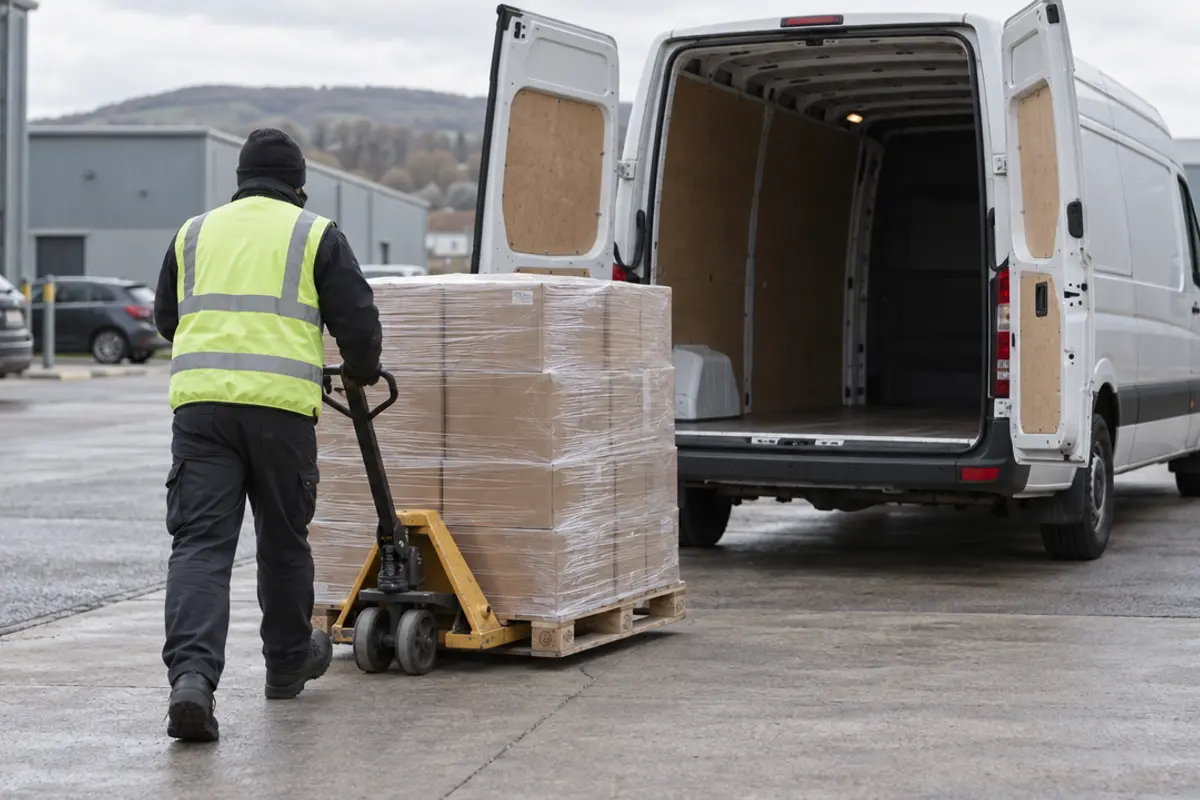 A courier in a high-visibility vest moving a wrapped pallet towards an unbranded white van at a trading estate.