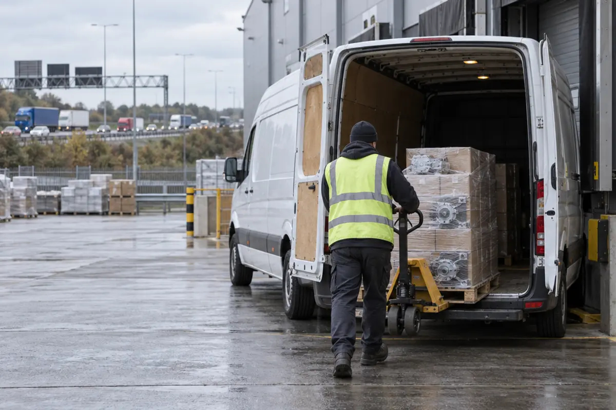 Courier in a high-visibility vest unloading a pallet of boxes from a white van at an industrial unit
