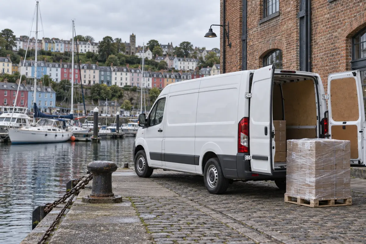 White van with its rear doors open beside a wrapped pallet on a harbourside quay, with coloured houses on the hill behind