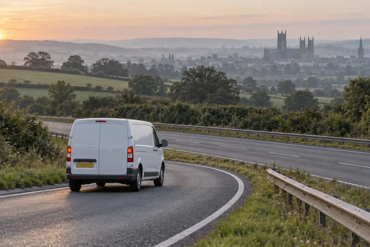 White van on a dual carriageway at dawn, with a cathedral city on the skyline
