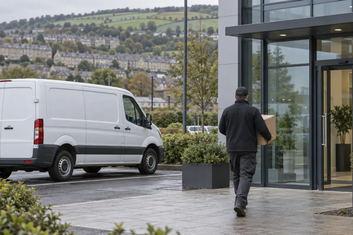 Courier carrying a parcel to the glass entrance of a modern office, with a white van parked outside