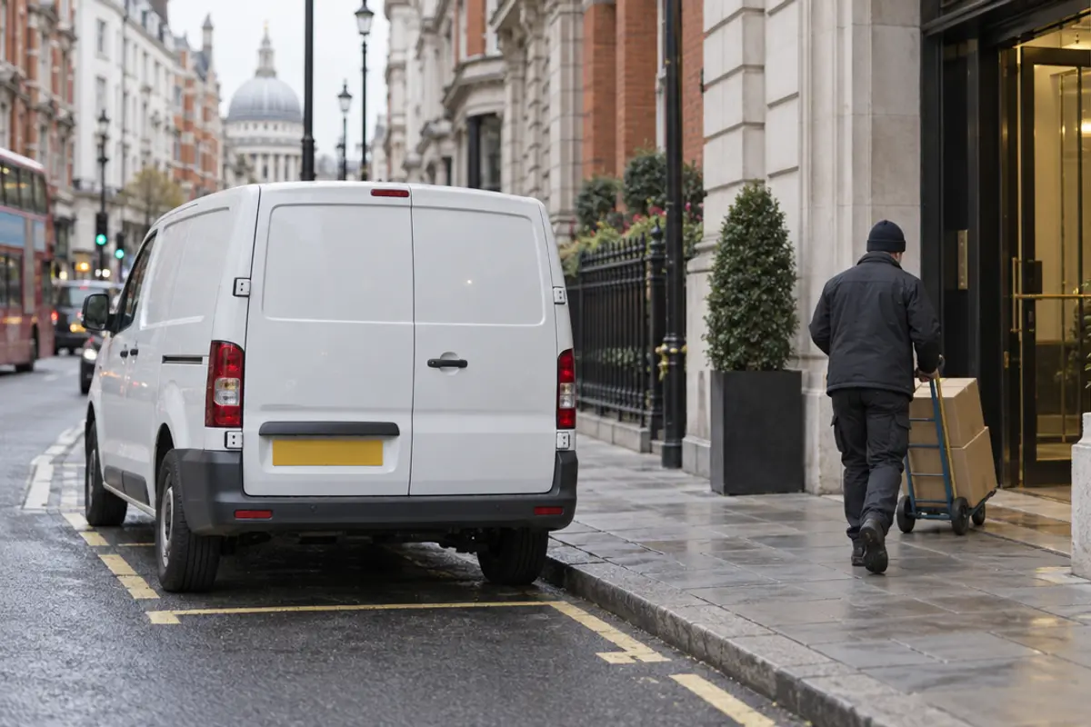 White courier van parked on a wet London street beside an office entrance, with a courier wheeling boxes on a sack truck