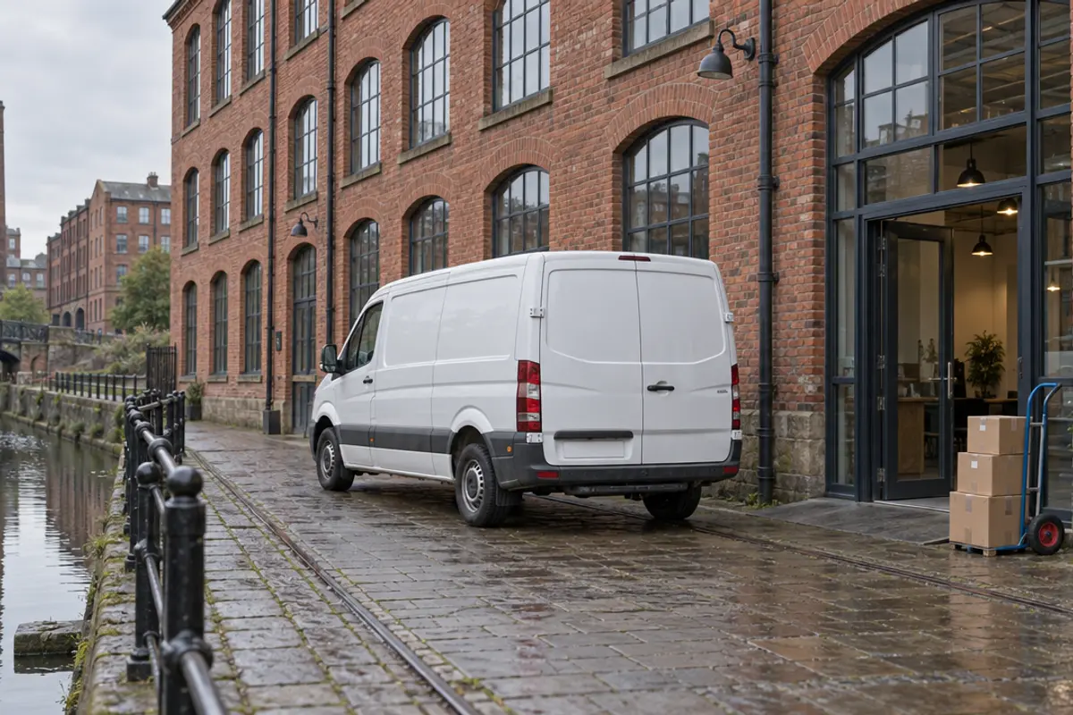 White van parked on a cobbled canal towpath beside a red-brick converted mill building