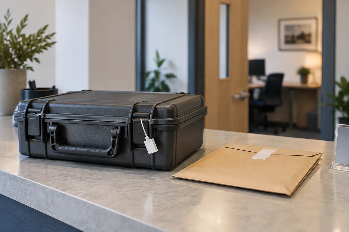 A closed protective transit case and sealed envelope on a reception counter.