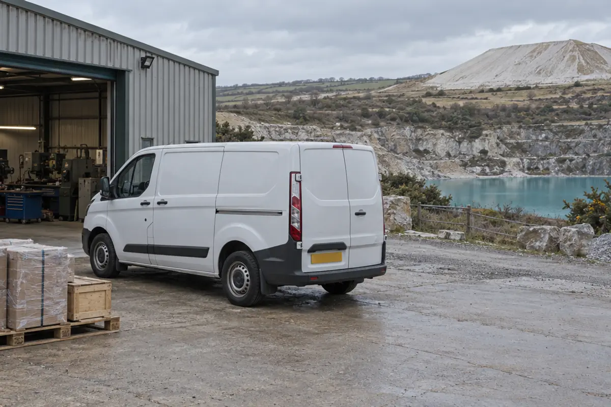An unbranded white van at a workshop with wrapped goods on a pallet, a pale clay spoil heap and a flooded quarry in the distance.