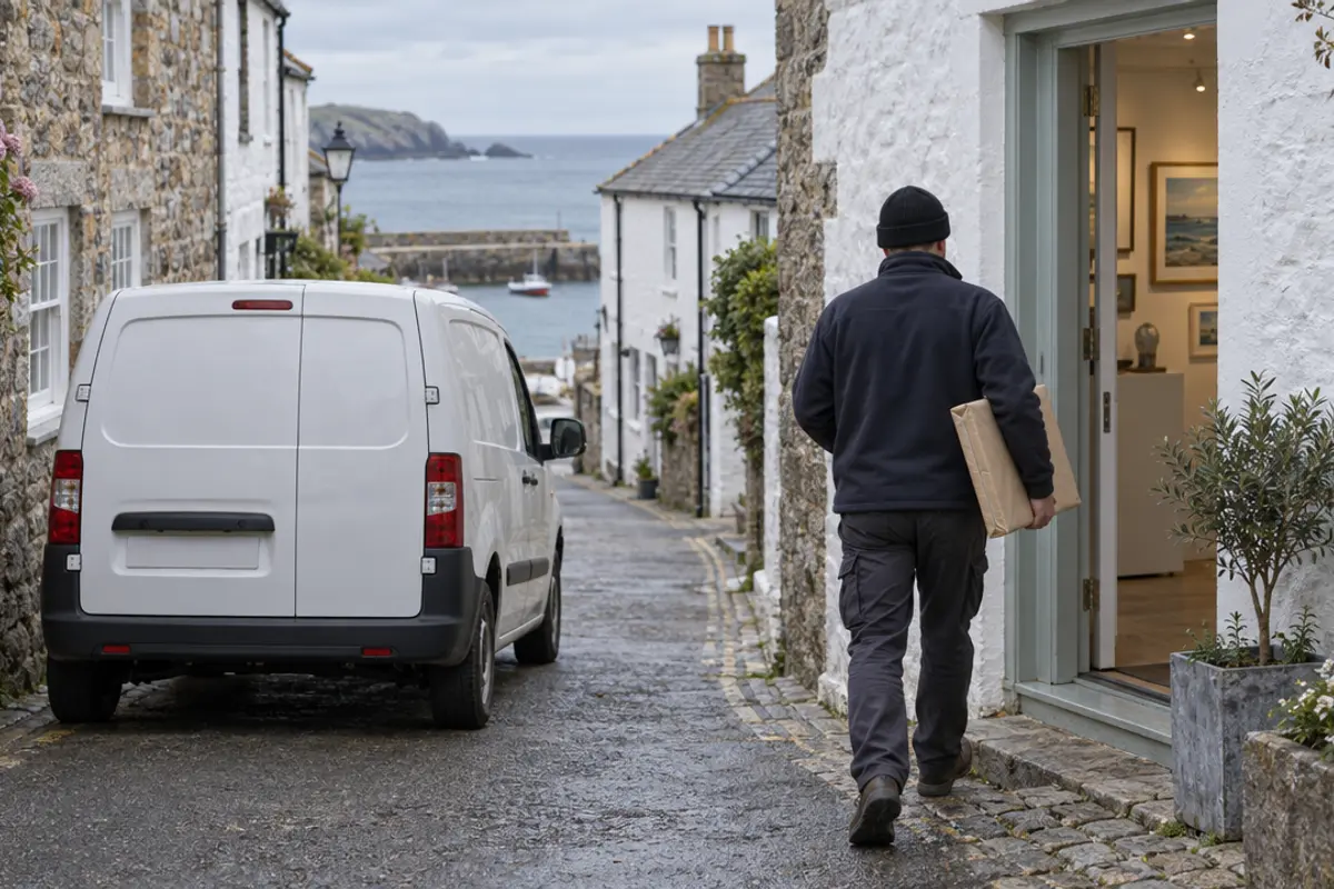 A courier carrying a flat wrapped parcel to a gallery door in a narrow seaside street, with an unbranded white van parked behind.