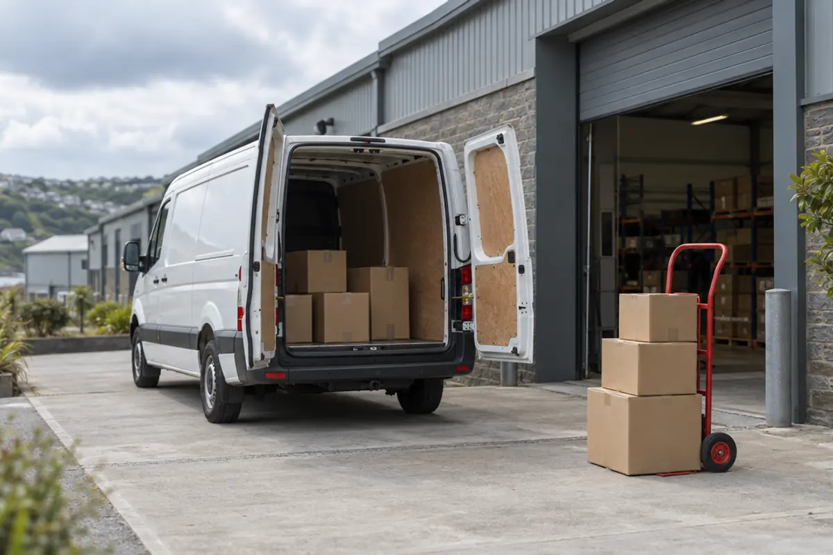 An unbranded white van with its rear doors open at a business unit loading door, with cartons stacked on a sack truck.
